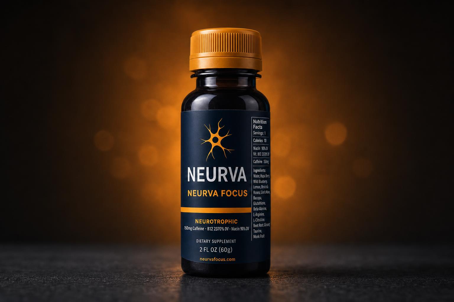 NEURVA FOCUS neurotrophic dietary supplement shot bottle with amber cap
